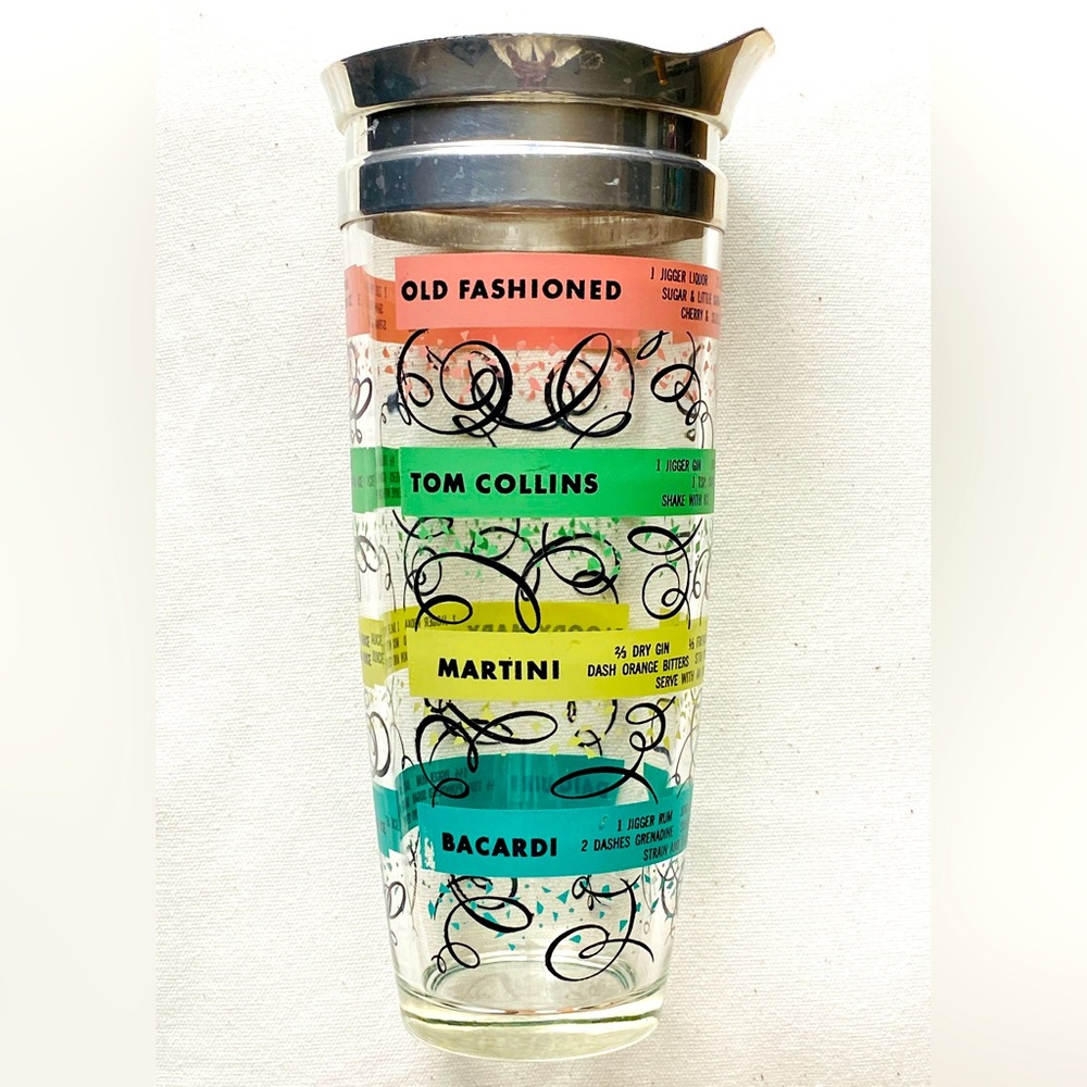Vintage MCM Rare XL Glass + Metal Cocktail Shaker With Drink Recipes Confetti